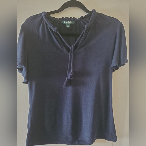 Lauren Ralph Lauren Linen-Blend Tie-Neck navy top size small - Picture 1 of 3